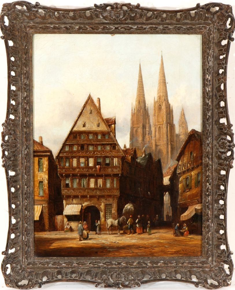 Henry Thomas Schafer Town view with Gothic church in the background Oil on canvas cm. 40,5x30,5.: Henry Thomas Schafer Town view with Gothic church in the background Oil on canvas cm. 40,5x30,5. FramedThe painting bears brush stroke sing and date in the lower right bottom: "H. SHAFER / 1874".