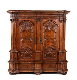German Baroque Wardrobe ,Louis XIV: Height x width x depth: 225 x 215 x 90 cm.of walnut and burl wood, a masterful example of the craftsman of the Baroque period in northern Europe, finely carved work with locks, hinges and locking post