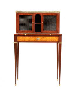 French writing table, Napoleon III: Height x width x depth: 103 x 65 x 45 cmmahogany and inlaid with purple ebony (Dalbergia cearensis), upper shelf, connected by a gilt bronze railing, of Aleppo breccia marble. Removable desk top with