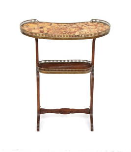 French side table: Height x width x depth: 74 x 62 x 30 cm.purple ebony (Dalbergia cearensis) with Aleppo breccia marble top and gilt bronze appliqu?s.Stamped Maison J & E PEROL, 4 & 6 rue de la P?pinire, Paris (formerl