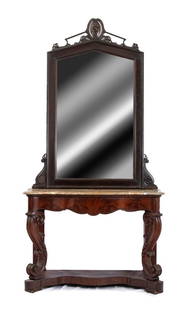 Italian Louis Philippe console table with mirror: Height x width x depth: 95 x 134 x 54 cm.mahogany and mahogany feather, with marble top and carved mirror.