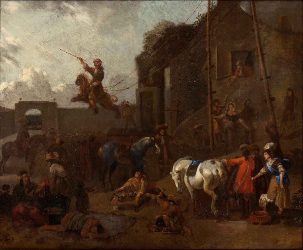 Village party: Height x width: Frame 67 x 78 cm Frame 55 x 67 cmoil on canvas depicting a party with circus activity in a village.Flemish school circle of Jan Miel, known as John Miel or also John of the Vine(1599-1