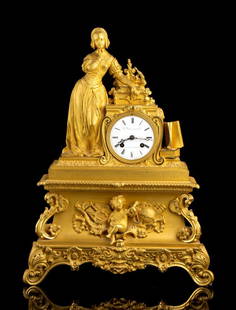 French bronze mantel clock: Height x width x depth: 48 x 34 x 11.5 cm.Gilt bronze case surmounted by a lady in Renaissance dress. Circular dial with Roman numerals signed "C. Detouche Bte. - 160 RUE ST MARTIN," movement with wir