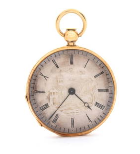 Gold pocket watch: Gold case, decorated engraved dial with Roman hour markers. Mechanical cylinder movement with key-operated winding.Case diameter: 40 mm. Item condition grading: **** good.The lot is in a good state of