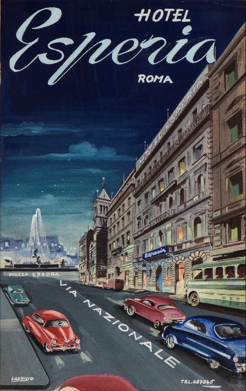 HOTEL ESPERIA - bozzetto pubblicitario: Sketch for advertising poster HOTEL ESPERIA in Rome, Via Nazionale. Oil on board, signed LAUDICIO. Original from 1952. Size approximately 37x24 cm