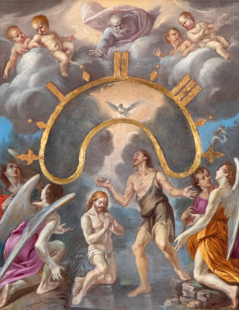 Artista attivo a Roma, XVII secolo (): Nocturnal clock dial with the Baptism of Christ Oil on copper cm. 43x34. Framed