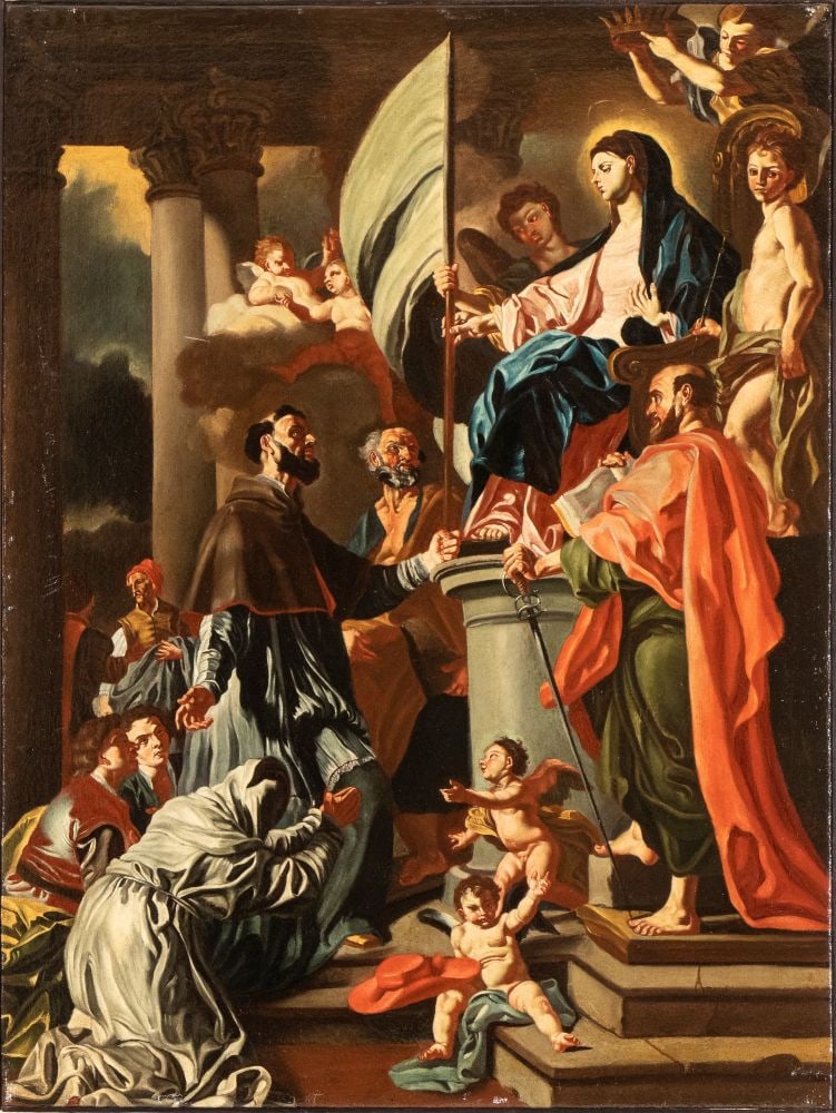 Francesco Solimena (bottega di) (Serino 1657 - Napoli 1747): Saint Bonaventura Receiving the Banner of Saint Sepulchre from the Madonna Oil on canvas cm. 102x75. With a strip frame The painting is a workshop good replica of the work by Francesco Solimena, signe