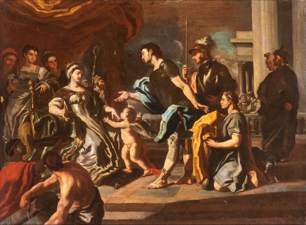 Francesco Solimena (bottega di) (Serino 1657 - Napoli 1747): The meeting of Aeneas and Dido Oil on canvas cm. 75x101. Framed Private collection, Campania. The present work is a fine coeval replica of the painting of the same subject by Francesco Solimena today