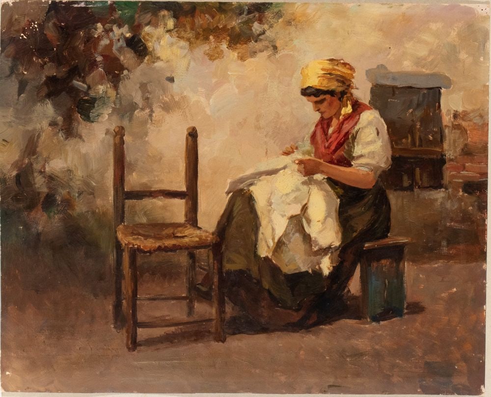 TITO CORBELLA (Pontremoli 1885 - Roma 1966) , Young woman sewing: TITO CORBELLA(Pontremoli 1885 - Roma 1966) Young woman sewing Oil on cardboard 40 x 49 cm Signed lower right Good condition, little lack of colour lower and upper left