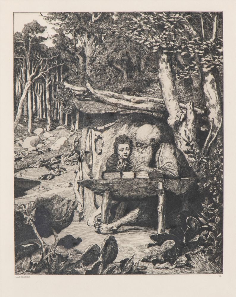 MAX KLINGER (Lipsia 1857 - Großjena 1920) , SIMPLICIUS AM GRABE DES EINSIEDLERS ETCHING VII 1881: MAX KLINGER(Lipsia 1857 - Großjena 1920) SIMPLICIUS AM GRABE DES EINSIEDLERS ETCHING VII 1881 Etching 62 x 43 cm (sheet) / 33 x 26 cm (plate) The engraving is part of the Intermezzi series based on t