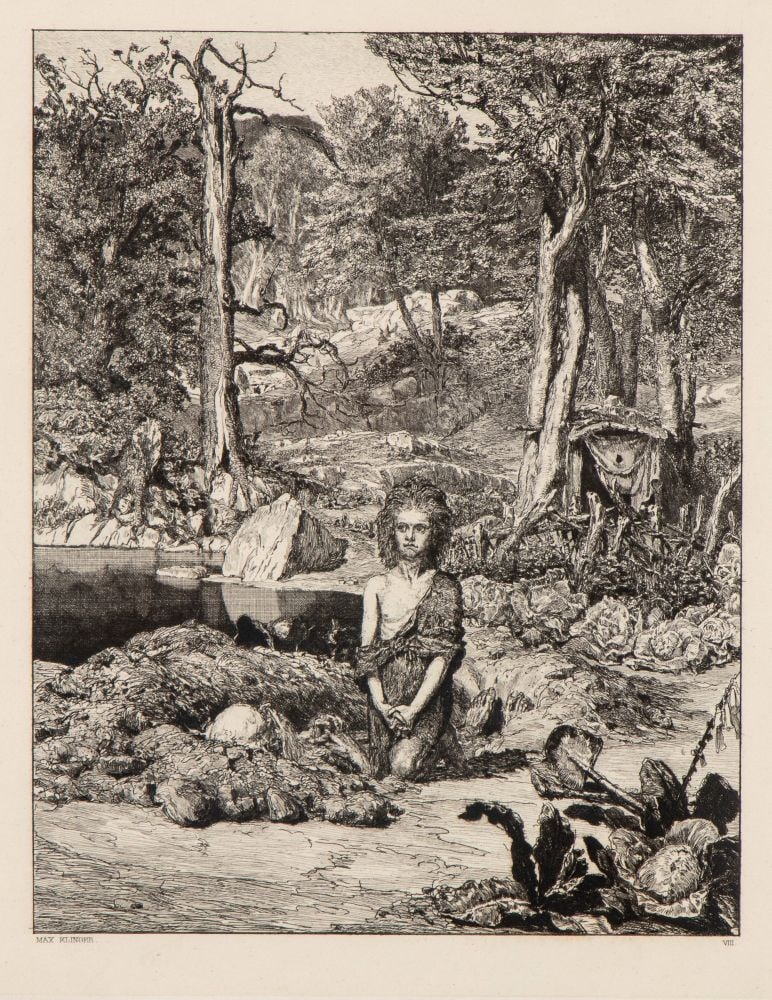 MAX KLINGER (Lipsia 1857 - Großjena 1920) , Simplicius am Grabe des Einsiedlers etching VIII 1881: MAX KLINGER(Lipsia 1857 - Großjena 1920) Simplicius am Grabe des Einsiedlers etching VIII 1881 Etching 61 x 44 cm (sheet), 34 x 26,5 cm (plate) The engraving is part of the Intermezzi series, based o