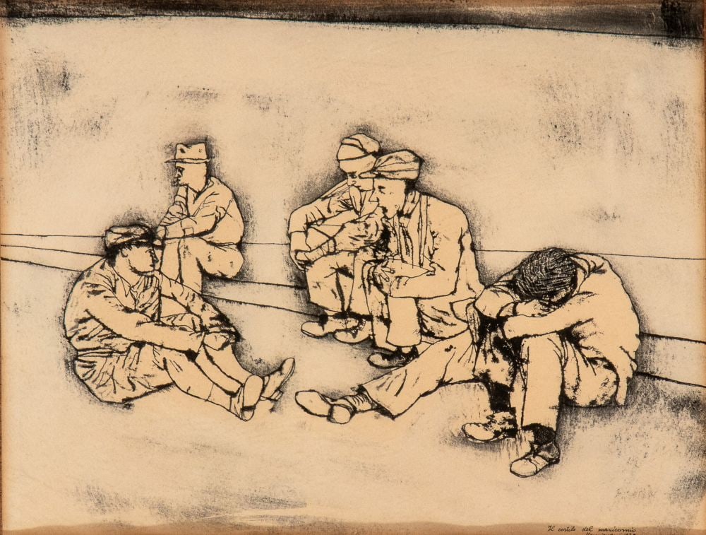 RENZO VESPIGNANI (Roma 1924 - 2001) , Il cortile del manicomio 1948: RENZO VESPIGNANI(Roma 1924 - 2001) Il cortile del manicomio 1948 Mixed media on paper 22 x 29,5 cm • Title, signature and date lower right: Il cortile del manicomio, Vespignani, 1948 Excellent co