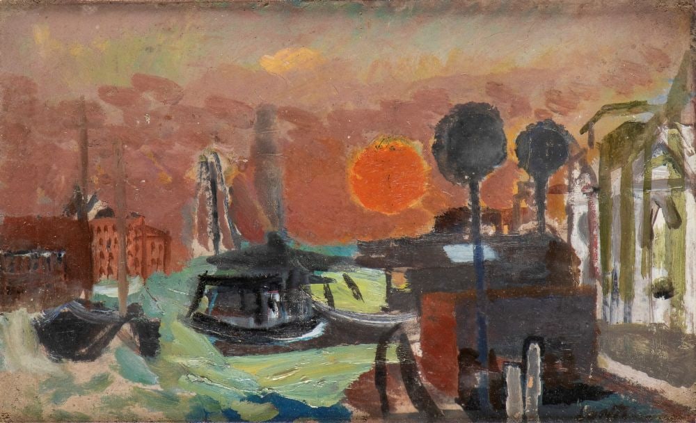 BRUNO SAETTI (Bologna 1902 - 1984) , Sunset in Venice 1940/50: BRUNO SAETTI(Bologna 1902 - 1984) Sunset in Venice 1940/50 Oil on board 18 x 28 cm Signed lower right: Saetti. On the back a label from Ente Provinciale Turismo of Turin Excellent condition, framed wi