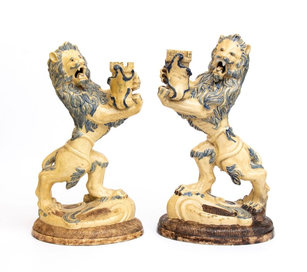 GALLÉ / ST. HONORÉ-LES-BAINS A pair of ceramic candlesticks signed “Gallé?? –: GALLÉ / ST. HONORÉ-LES-BAINS() A pair of ceramic candlesticks signed “Gallé” – Saint-Honoré-les-Bains - France, 20th centuryGlazed earthenware with polychrome decoration, marked « Gall�