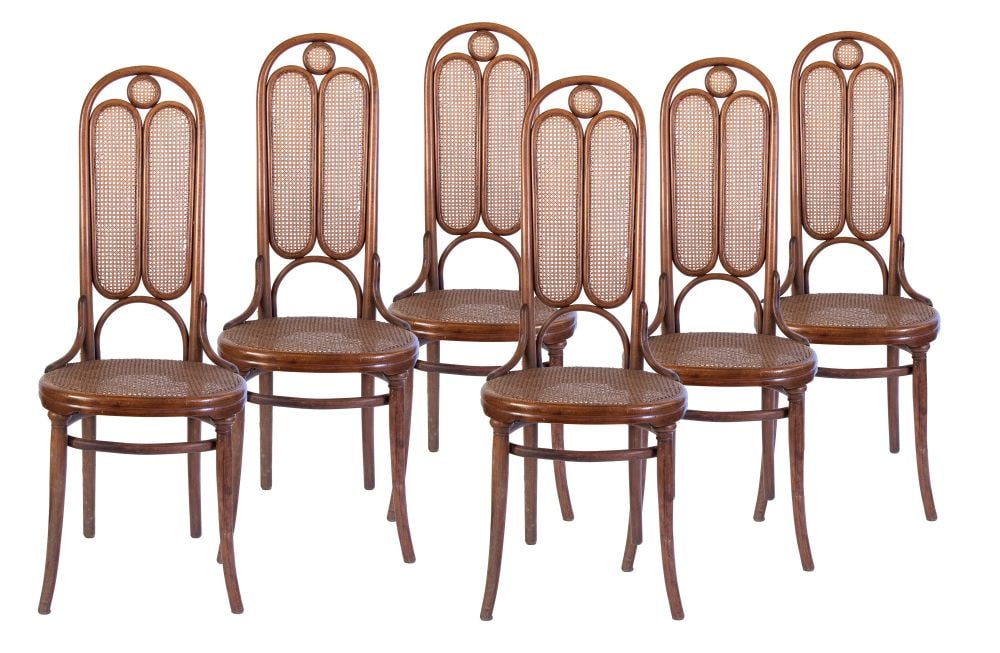 MICHAEL THONET (Boppard, 2 luglio 1796 - Vienna, 3 marzo 1871) Set of six chairs by Thonet: MICHAEL THONET(Boppard 2 luglio 1796 - Vienna 3 marzo 1871) Set of six chairs by Thonet - Height x width x depth: 118 x 45 x 44 cm. Seat height: 47 cm.made of bentwood with a woven straw seat and back