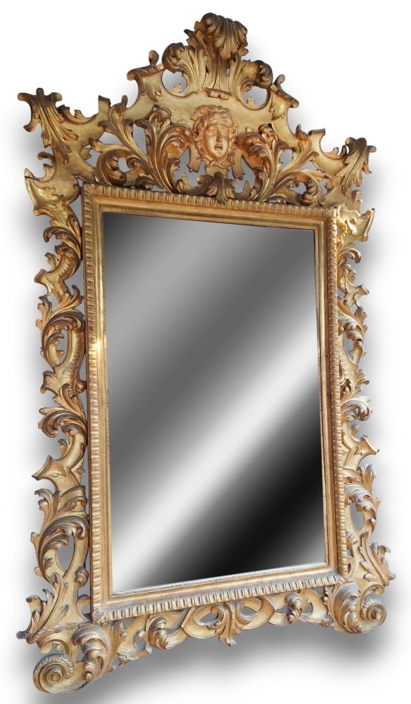 Console table with mirror in Louis XV style, Italy Italy, mid-19th century: Console table with mirror in Louis XV style, Italy - Italy, mid-19th centuryHeight x width x depth: 100 x 180 x 80 cm.carved and gilded wood, portoro marble top. Mirror carved with plant motifs and a