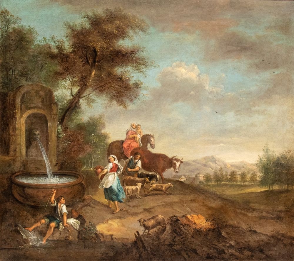 Francesco Zuccarelli (seguace di) (Pitigliano, 1702 - Firenze, 1788) Landscape with fountain, (1 of 5)