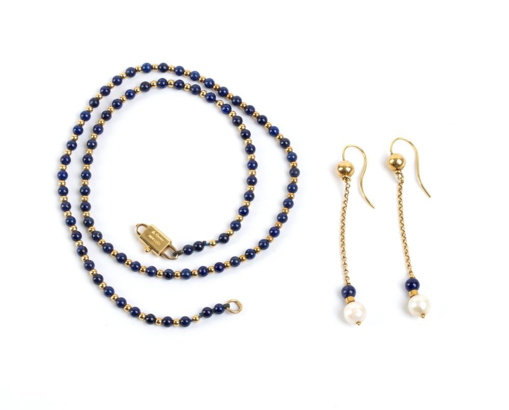 CHIMENTO () Lapis lazuli pearl gold necklace and pair of earrings -: 18k yellow gold, the lot is comprising of: a necklace with one strand of lapis lazuli and small gold bead;, a pair of drop earrings with saltwater cultured pearls and lapis beads. Signed "CHIMENTO".Ha