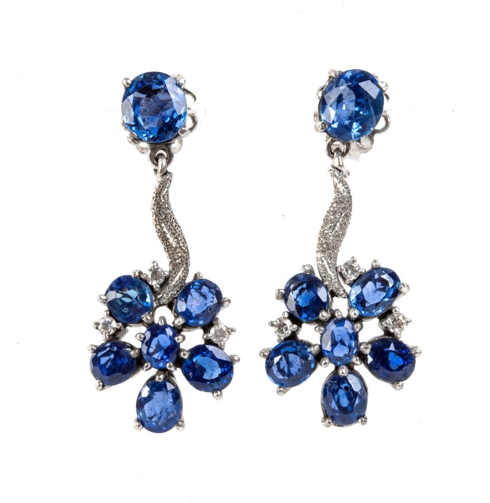 Blue sapphire diamond silver drop pair of earrings - (1 of 4)
