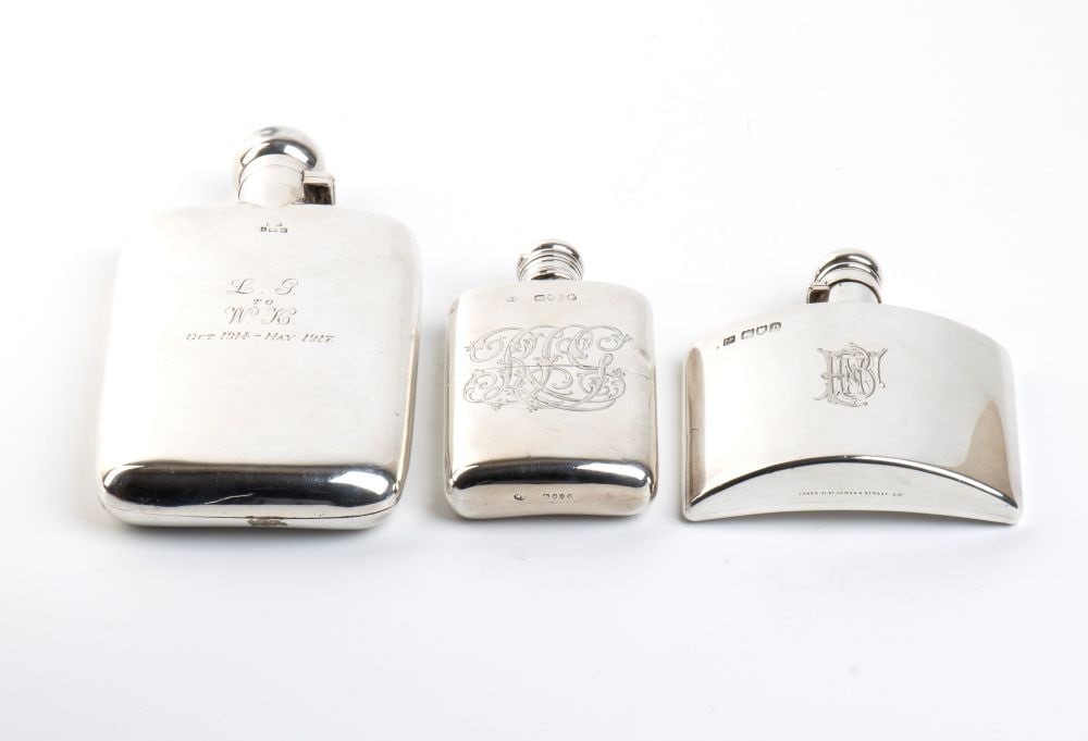 Lot of 3 English Sterling silver flasks  - late 19th early 20th century (1 of 6)