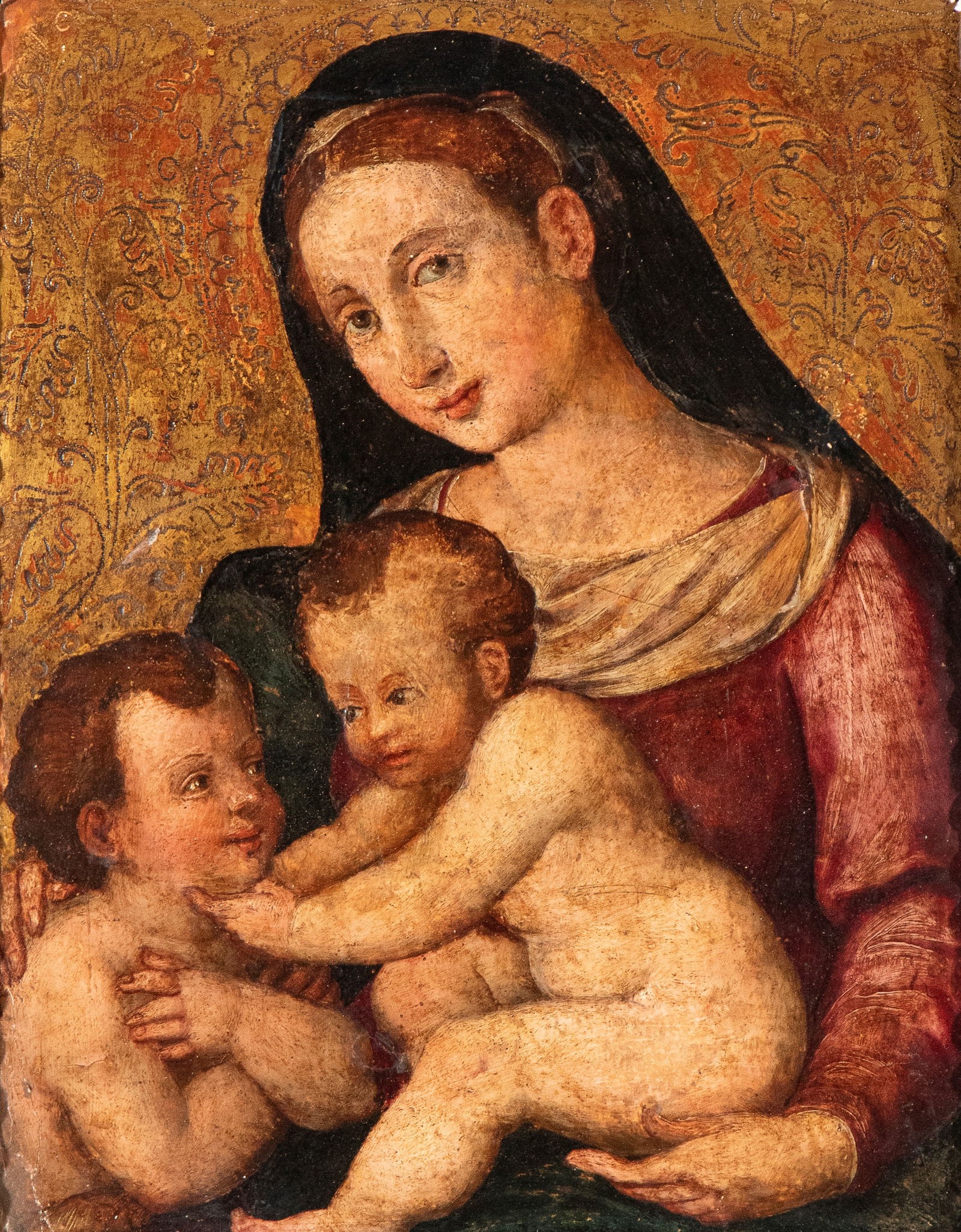 Artista emiliano, XVI secolo (): Virgin with Child and Saint John the Baptist Tempera on panel cm. 33x26. Framed