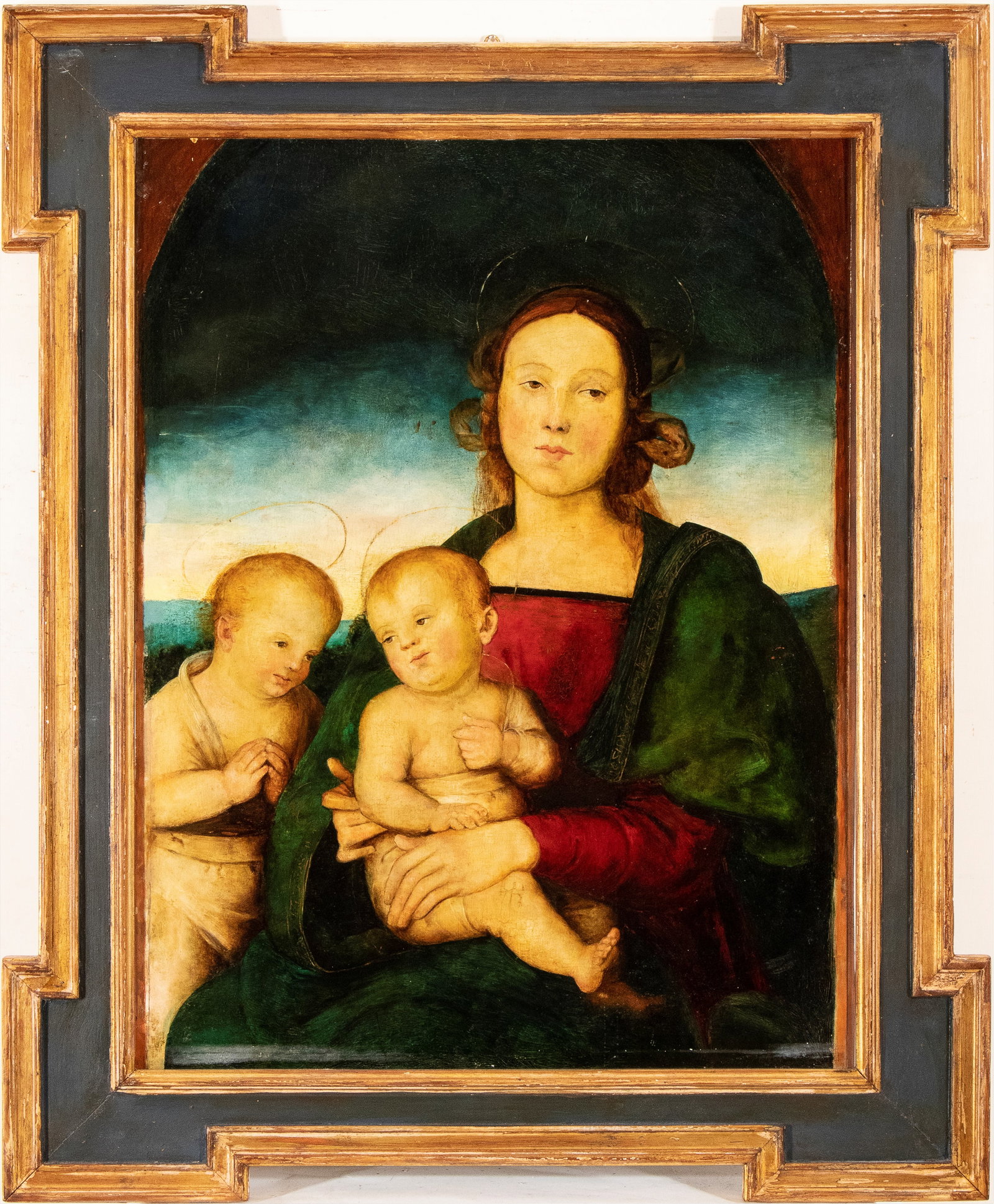 Pietro Vannucci Il Perugino (seguace di) (Città della Pieve 1446 - Fontignano 1523): Virgin with Child and Saint John the Baptist Oil on canvas cm. 76x53. Framed Extensive restorations. Private collection, Campania.