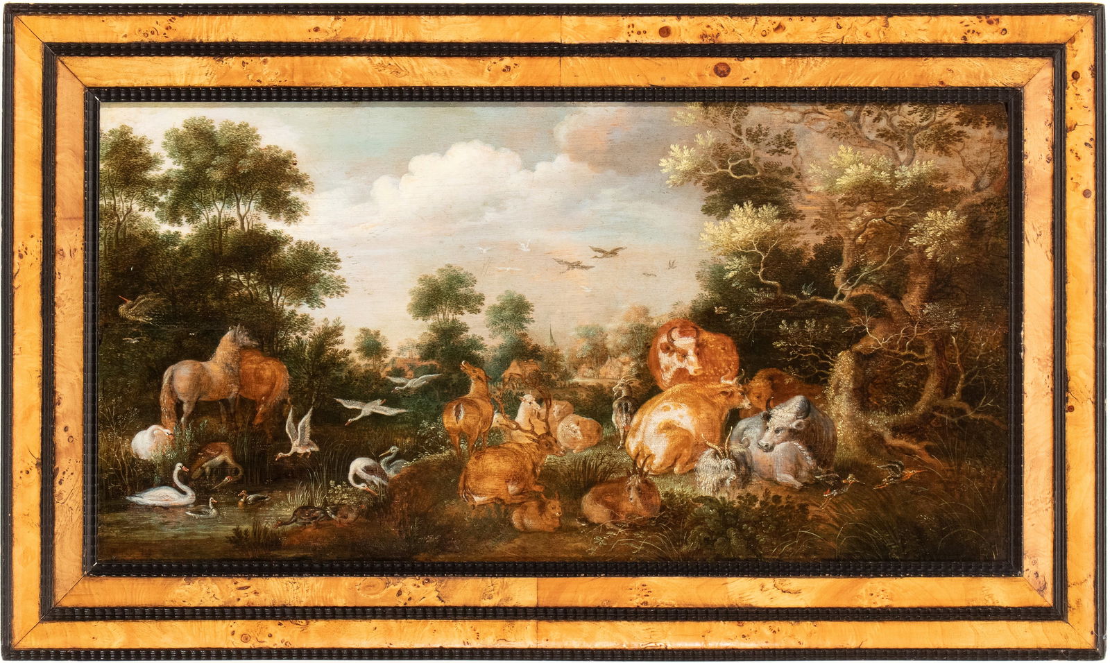 Jan van Kessel il Vecchio (ambito di) (Anversa 1626 - 1679): Animals and birds in a landscape (Garden of Eden) Oil on canvas cm. 46,5x91. Framed Private collection, Rome.