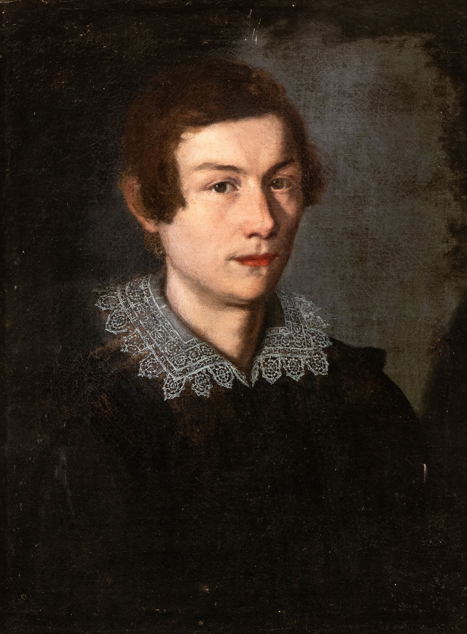 Artista attivo a Roma, XVII secolo (): Portrait of a young man with a lace collar Oil on canvas cm. 66x50. Framed Private collection, Rome.