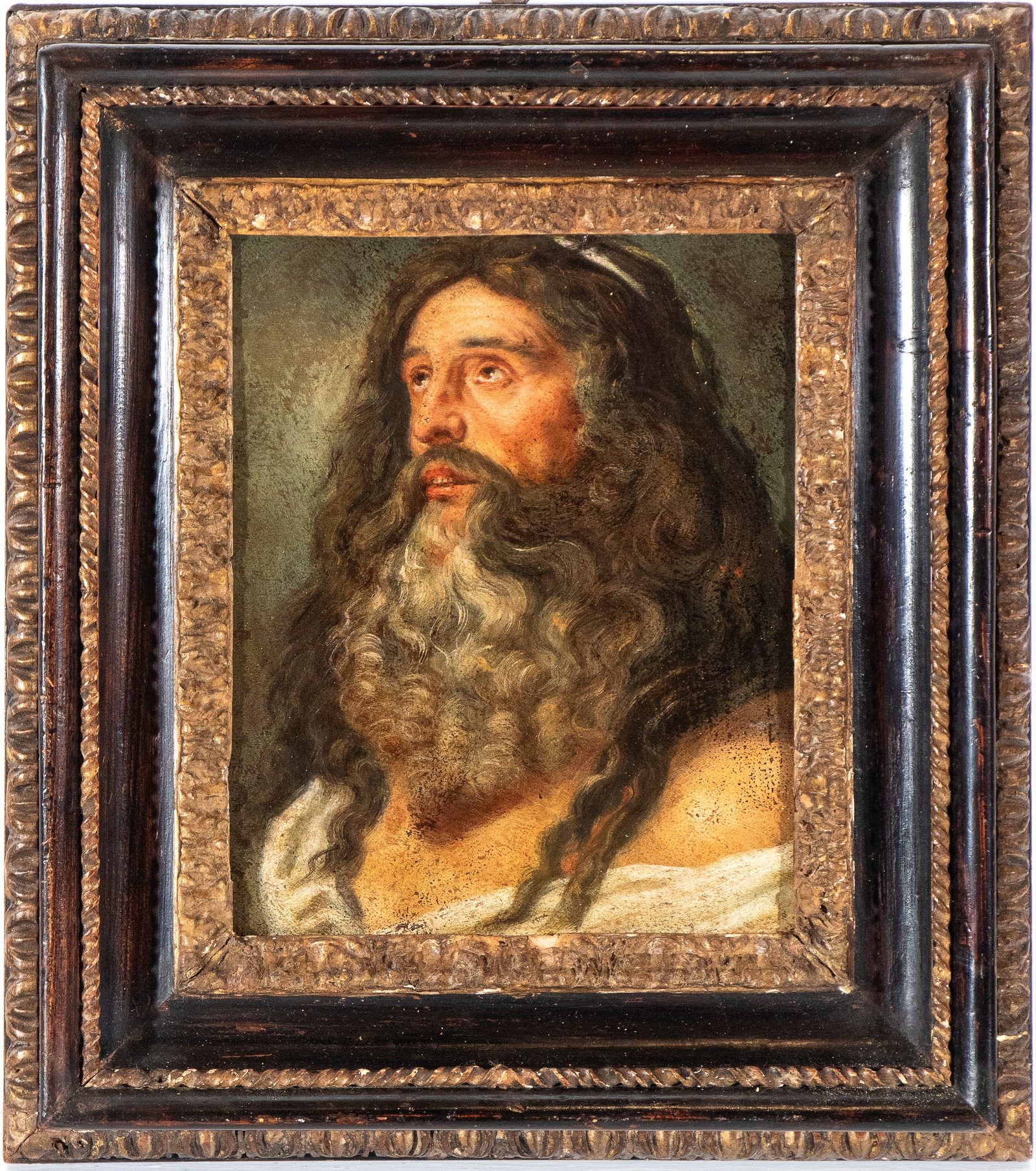 Peter Paul Rubens (seguace di) (Siegen 1577 - Anversa 1640): Study for a bearded head Oil on copper cm. 25x20. Framed The painting constitutes a high-quality partial replica of the celebrated Study of Two Male Heads by Peter Paul Rubens, executed around 1609 an