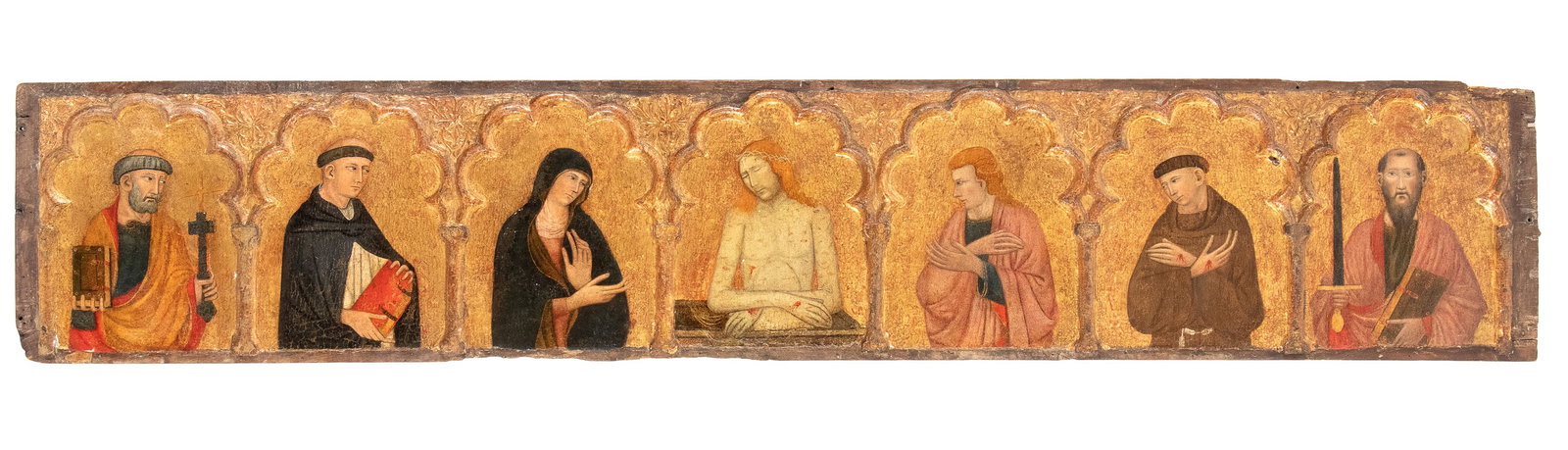 Francesco di Antonio da Ancona (attribuito a) (Attivo nell'Italia centrale, seconda metà XIV: Imago Pietatis with Saint Peter, Saint Dominic, the Virgin of Sorrows, Saint John the Evangelist, Saint Francis, and Saint Paul. Altarpiece predella Tempera and gold ground on panel cm. 215x40 The pai