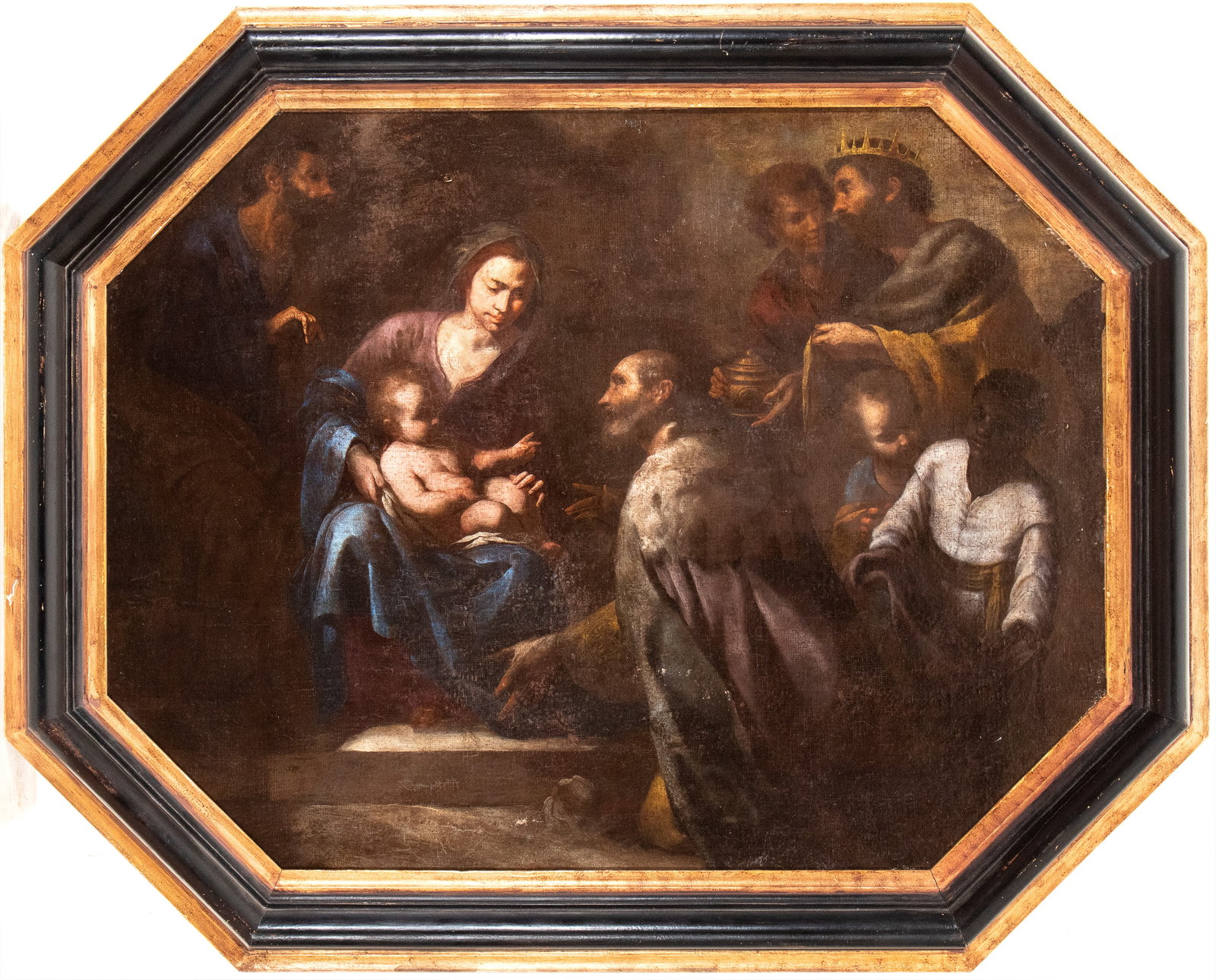 Artista napoletano, secondo quarto XVII secolo (): Adoration of the Magi Oil on octagonal canvas cm. 74x96,5. Framed This previously unknown painting demonstrates clear Neapolitan roots and is attributable to a master active in the 1640s–1650s.