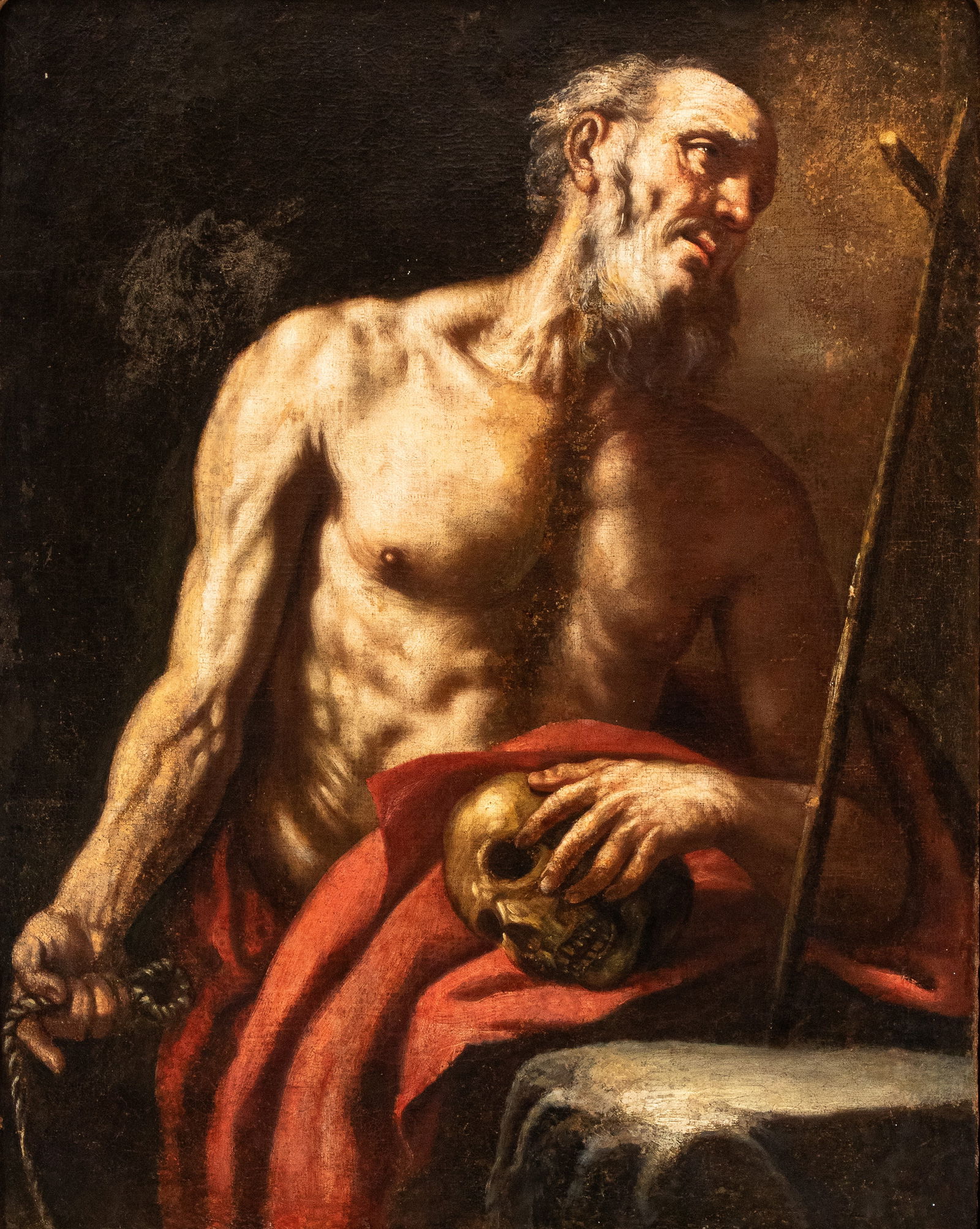 Luca Giordano (Napoli 1634 - 1705): Saint Jerome Penitent Oil on canvas cm. 94,5x75,5. Framed The painting is accompanied by an expertise by Prof. Nicola Spinosa.This Saint Jerome Penitent depicts the saint in meditation before the Cruc