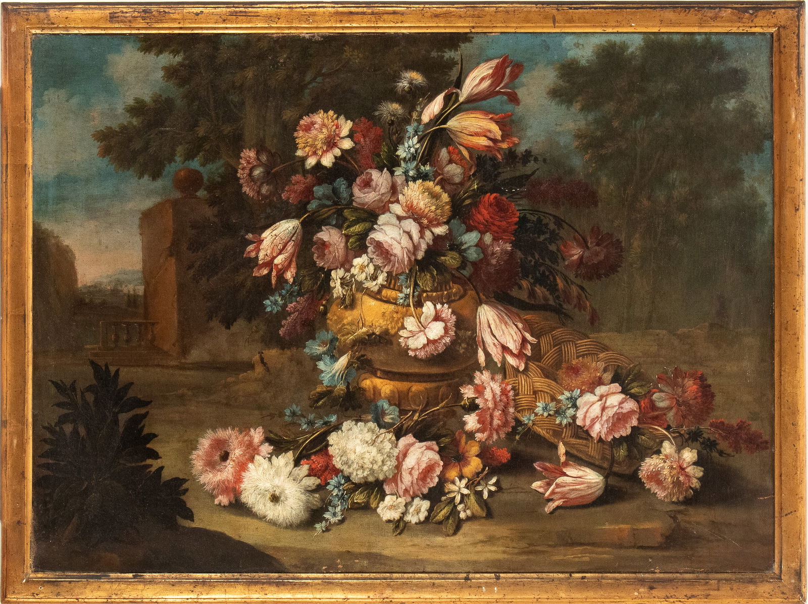 Andrea Belvedere (attribuito a) (Napoli 1652 ca. - 1732): Bouquet of flowers in a vase with a basket Oil on canvas cm. 76x103. Framed Private collection, Campania.