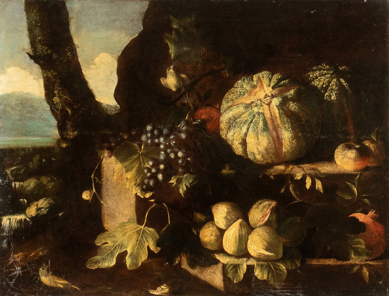 Michelangelo Pace Del Campidoglio (Roma 1610 - 1670): Still life of fruits in a landsacpe Oil on canvas cm. 68x89 The painting is accompanied by an expertise by Prof. Giancarlo Sestieri.This Still Life with Fruit in a Landscape, arranged on stone ledges