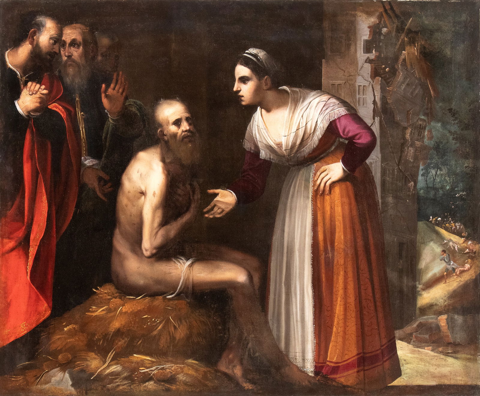 Donato Mascagni detto Fra' Arsenio (Firenze 1579 - 1637): Job mocked by his wife Oil on canvas cm. 99x21 The painting bears a brush inscription with signature and illegible date at the lower left: "DONATO MASCAGNI FACEVA 1[...]".Another version of the painti