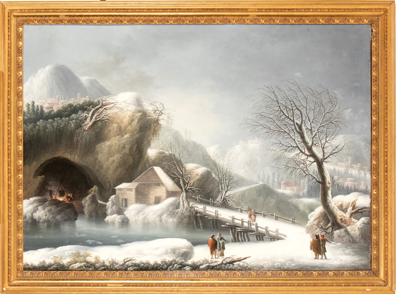Francesco Foschi (Ancona 1710 - Roma 1780): Winter landscape with a bridge, house, cave, and travelers Oil on canvas cm. 98x136,5. Framed Private collection, Marche.