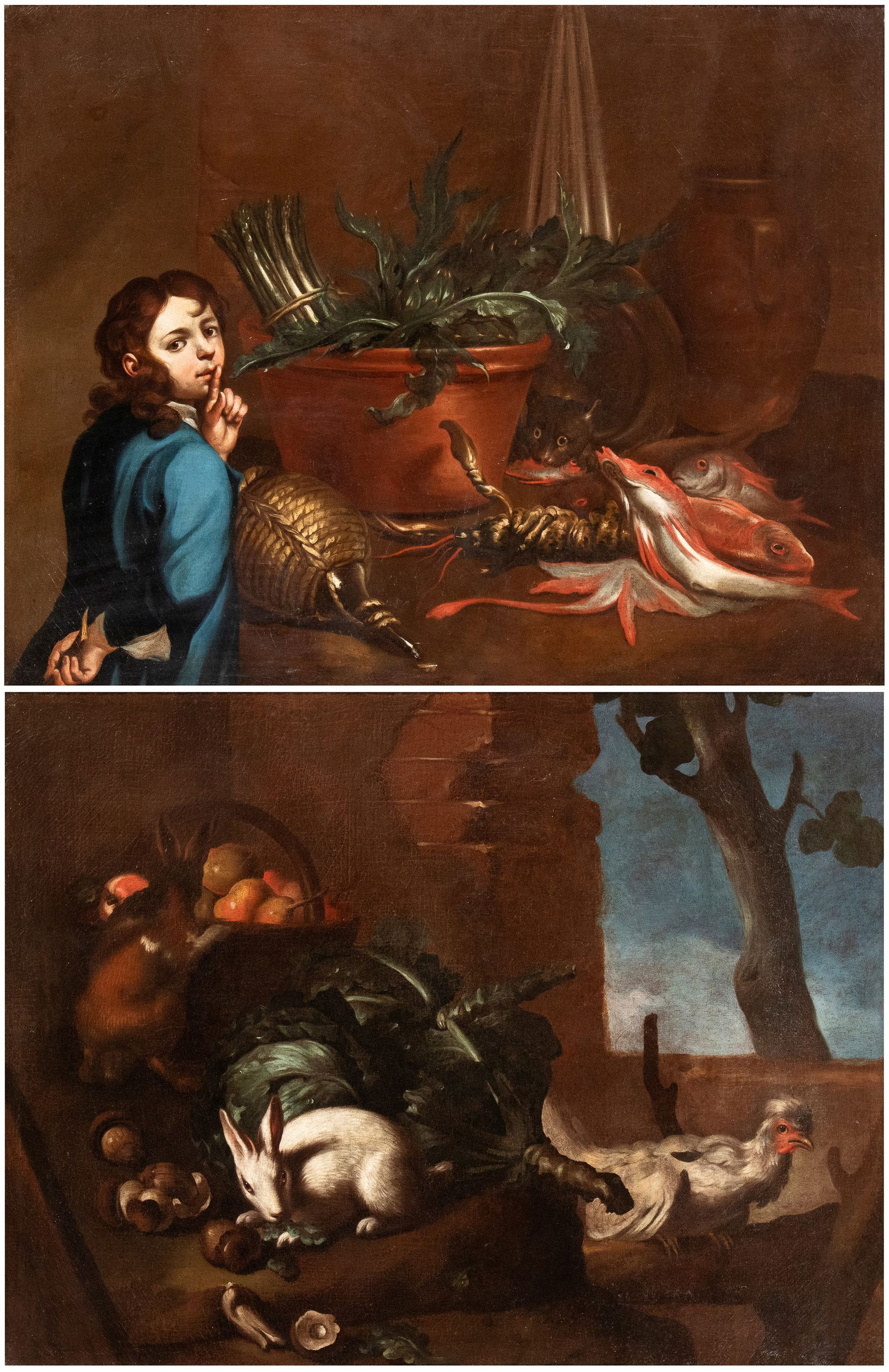 Artista lombardo, XVIII secolo (): a) Still life with fish, vegetables, metalware, a boy, and a cat; b) Still life with vegetables, fruit, rabbits, and a rooster. Pair of paintings Oil on canvas cm. 99x124 each. Framed The two painting