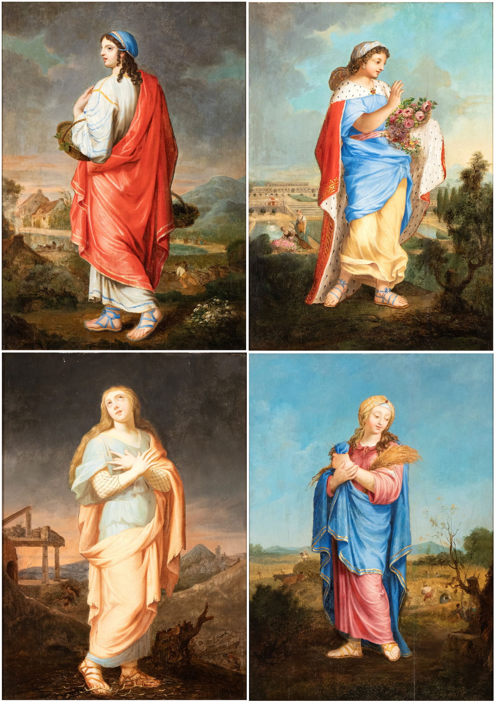 Artista francese, XVIII secolo (): Allegory of the Seasons. a) Autumn; b) Spring; c) Winter; d) Summer. Series of paintings Oil on panel cm. 71x50 each. Framed