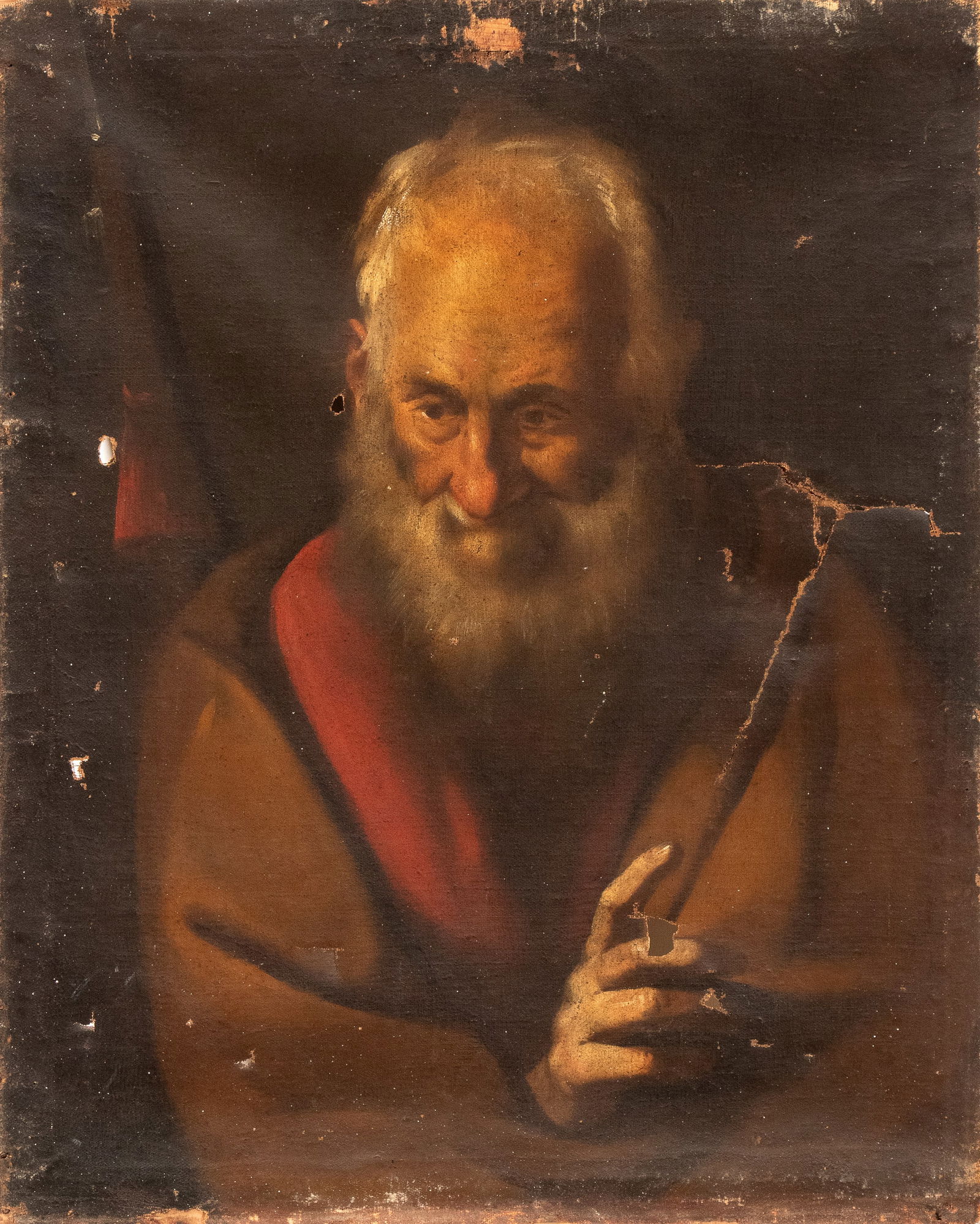 Artista lombardo, XVII secolo (): Portrait of an old man Oil on canvas cm. 75x59,5 The painting is on its original canvas and original stretcher; with tears and areas of paint loss.