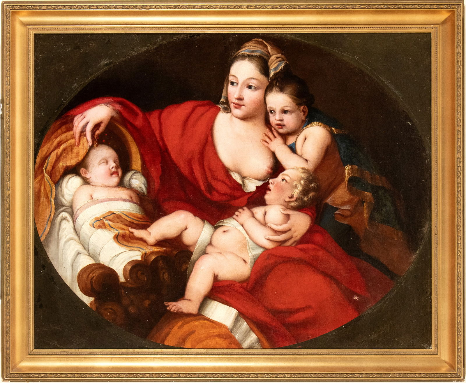 Artista veneziano, XVII secolo (): Allegory of Charity Oil on canvas cm. 96x121. Framed