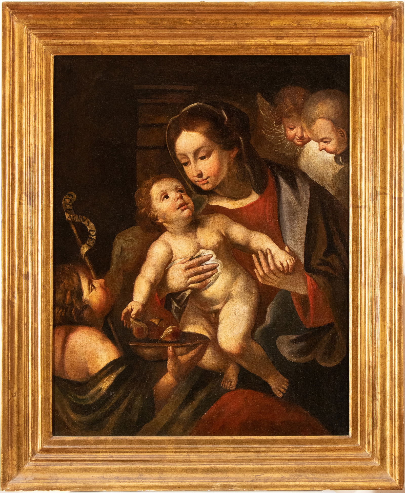 Artista emiliano, XVII secolo (): Virgin with Child and Saint John the Baptist Oil on canvas cm. 99x86. Framed