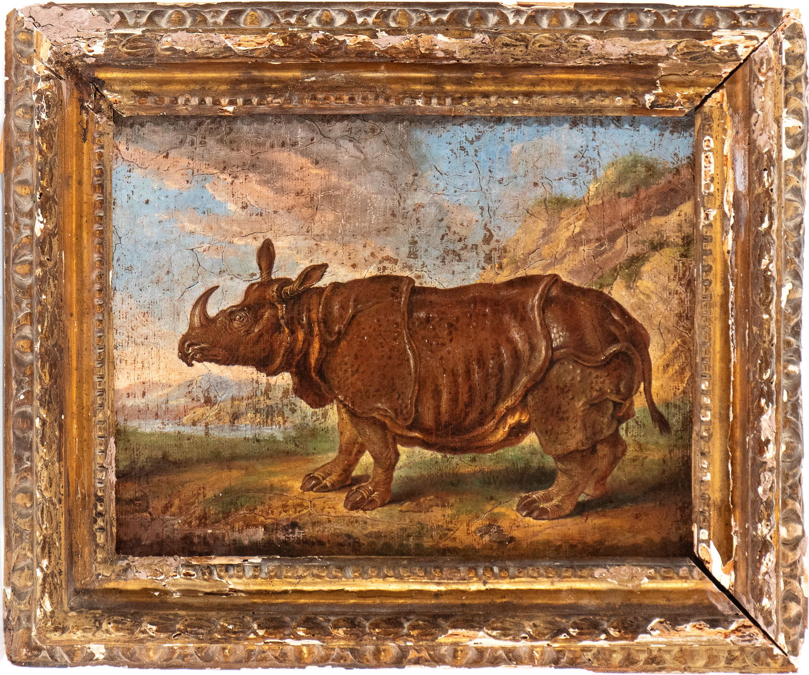 Jean Baptiste Oudry (ambito di) (1686 - 1755): Clara the rhinoceros Oil on canvas cm. 36x49. Framed The painting is a replica of the work by Jean-Baptiste Oudry, preserved in the Staatliches Museum, Schwerin.