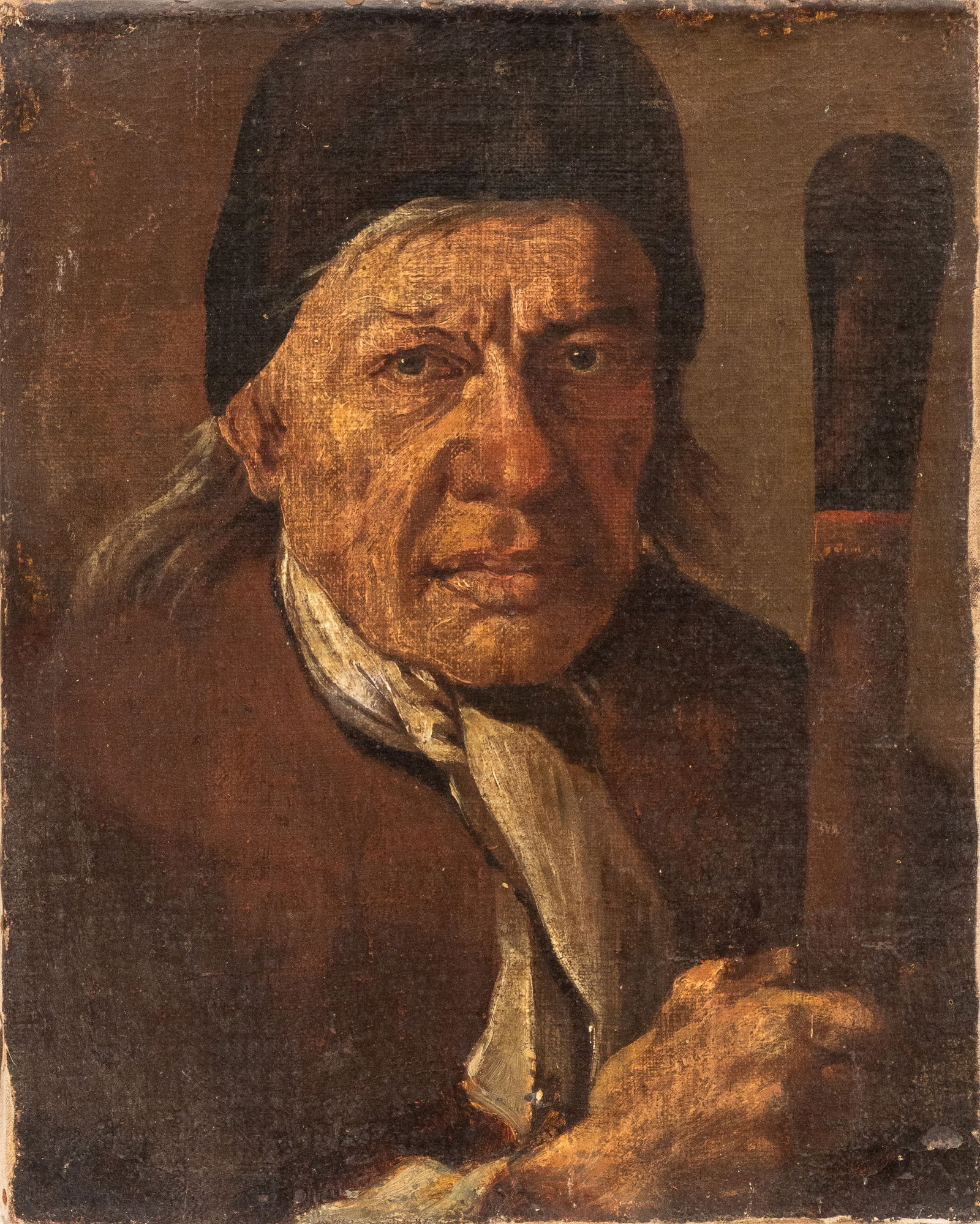 Artista lombardo, XVIII secolo (): Portrait of an old man with a staff Oil on canvas cm. 39,9x31,5 Private collection, Campania.