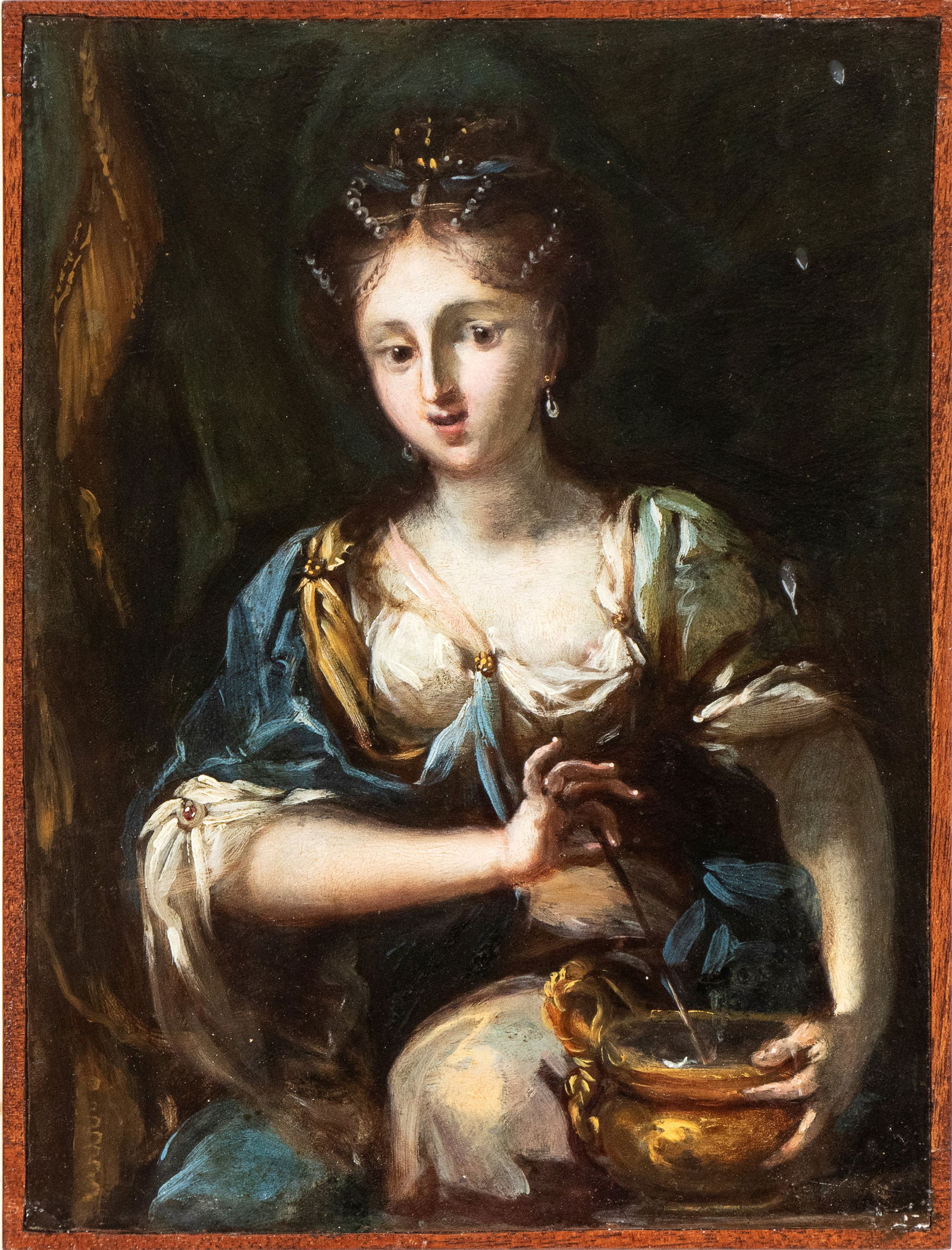 Artista emiliano, XVIII secolo (): Allegory of Temperance Oil on copper cm. 22x16,2. Framed