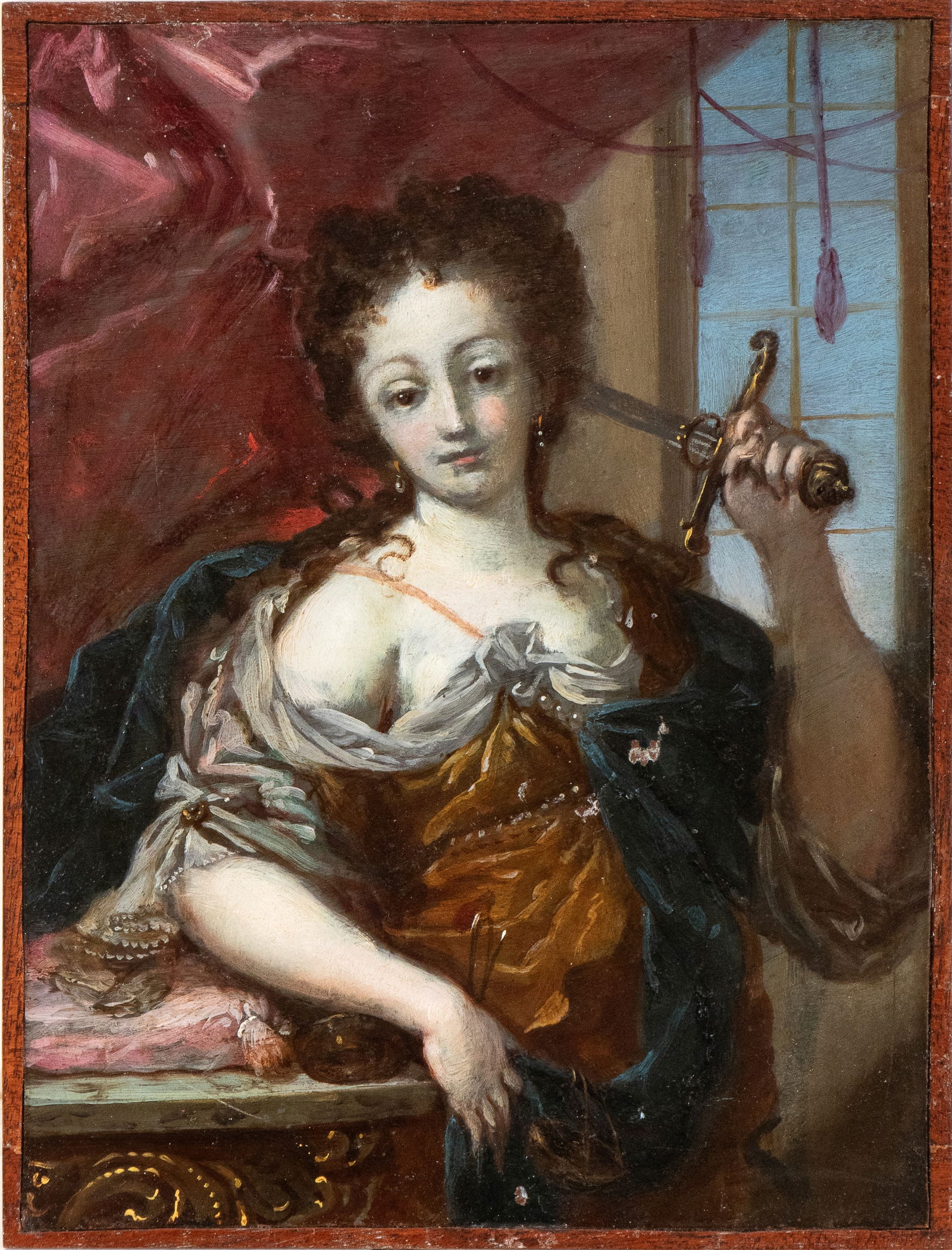 Artista emiliano, XVIII secolo (): Allegory of Justice Oil on copper cm. 22x16,2. Framed