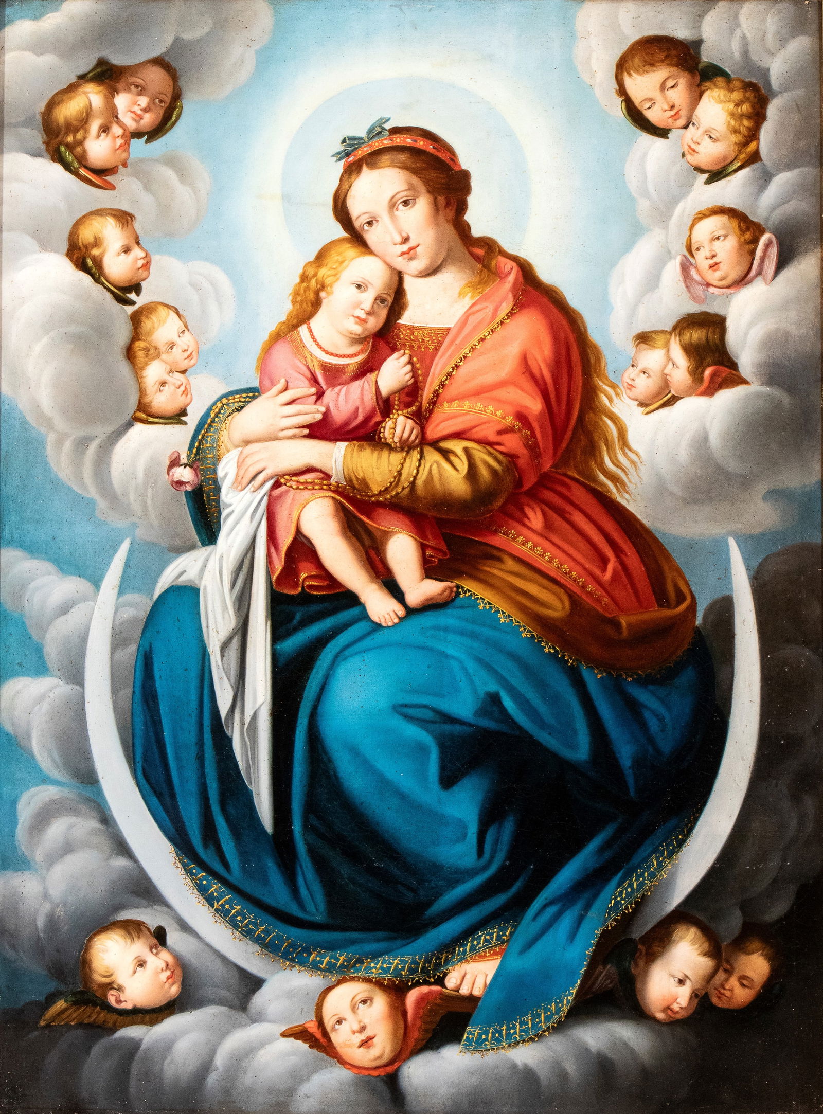Giovanni Battista Salvi Sassoferrato (seguace di) (Sassoferrato 1609 - Roma 1685): The Virgin in Glory with the Child and Angels Oil on canvas cm. 100,5x75. Framed The painting is a high-quality replica of the work by Giovanni Battista Salvi, known as Sassoferrato, now preserved in