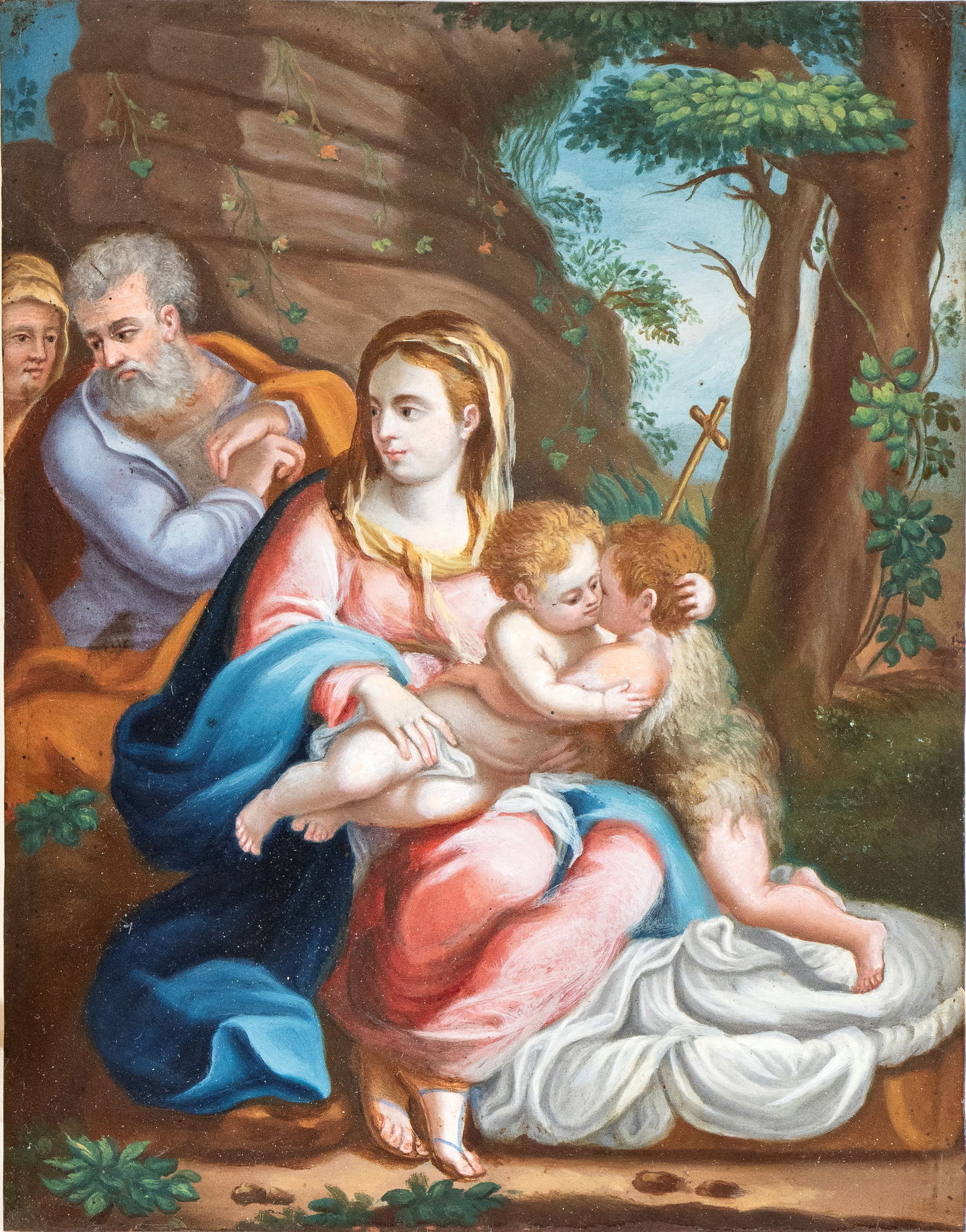 Artista attivo a Roma, XVII secolo (): The Holy Family with Saint Elisabeth and the Infant Saint John the Baptist Oil on copper cm. 24x18,5