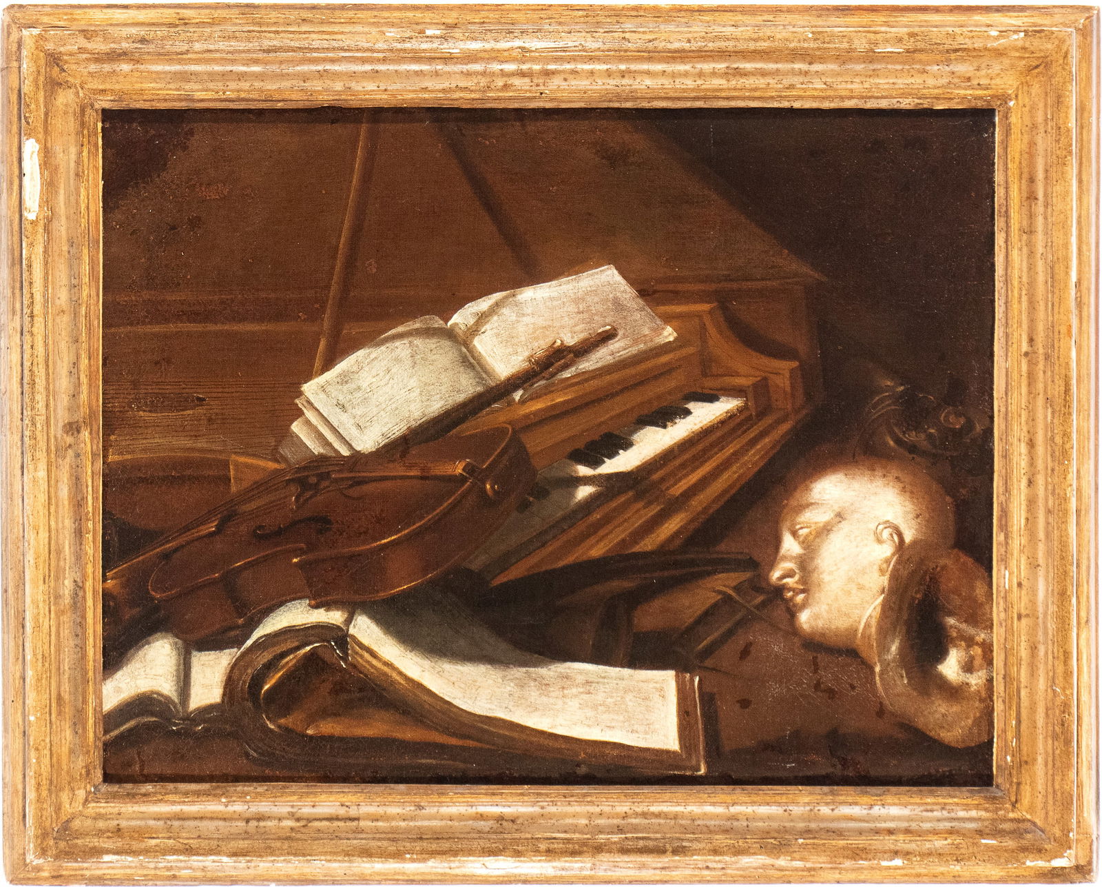 Artista lombardo, XVIII secolo (): Still life with violin, harpsichord, sheet music, and a plaster head Oil on canvas cm. 50x65. Framed