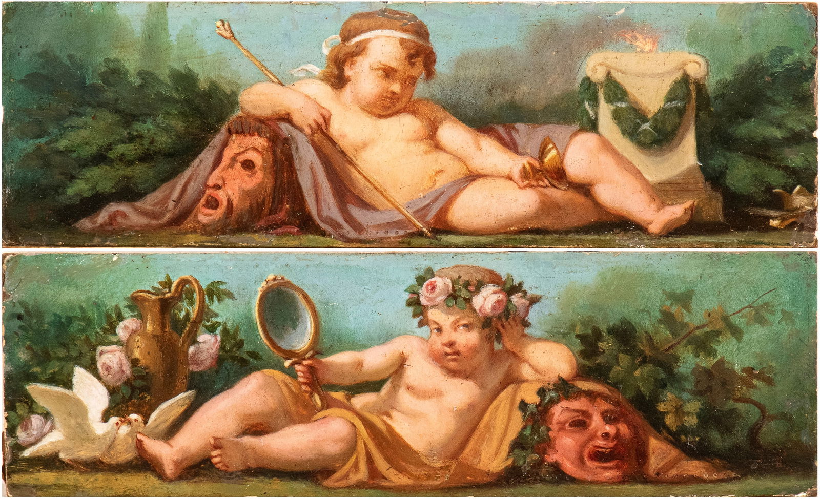 Artista francese, XVIII secolo (): a) Infant Bacchus with cup, scepter, and mask; b) Infant Bacchus with mirror, flowers, and mask. Pair of paintings Oil on cardboard cm. 6x19,3 each. Framed