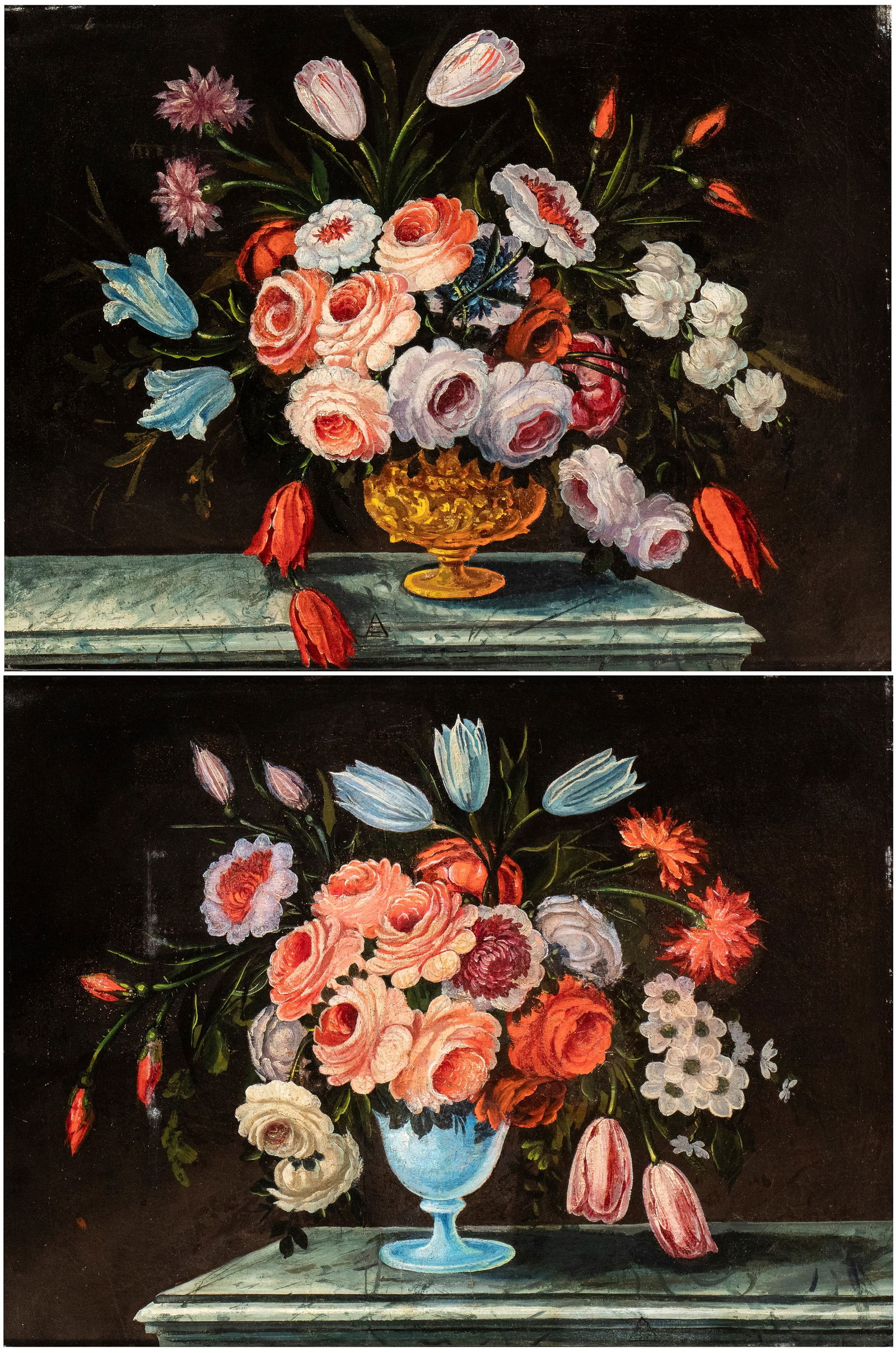Artista francese XVIII - XIX secolo (): a) Bouquet of roses and tulips in a metal vase; b) Bouquet of roses and tulips in a glass vase. A pair of paintings Oil on canvas cm. 48,5x64,3 each. Framed